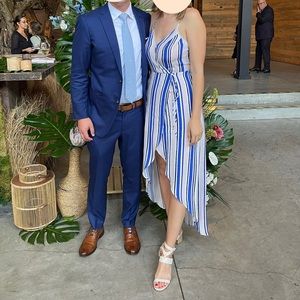 ASTR Donna Surplice Striped Maxi Dress Blue Blush Wrap High Low Spaghetti Strap